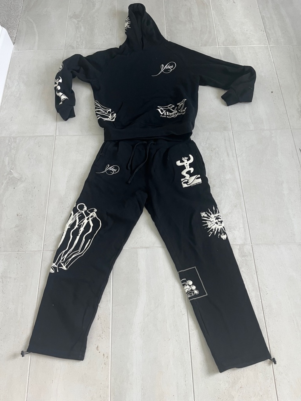 Vibe Black Jogger & Hoodie Set with White Graphic Prints
